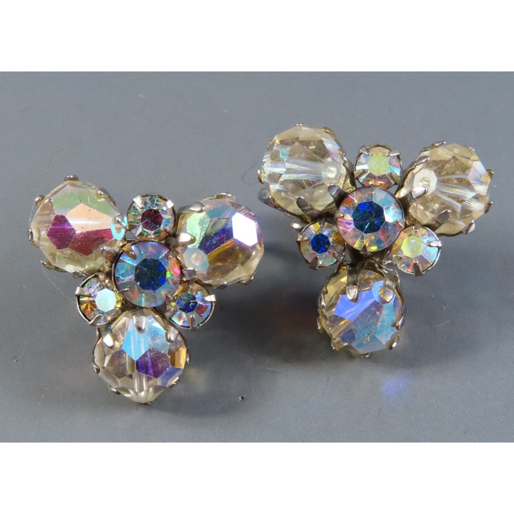 Vintage CLEAR AB CRYSTAL BEADS & RHINESTONE Cluster Clip-On Earrings RIVET BACK